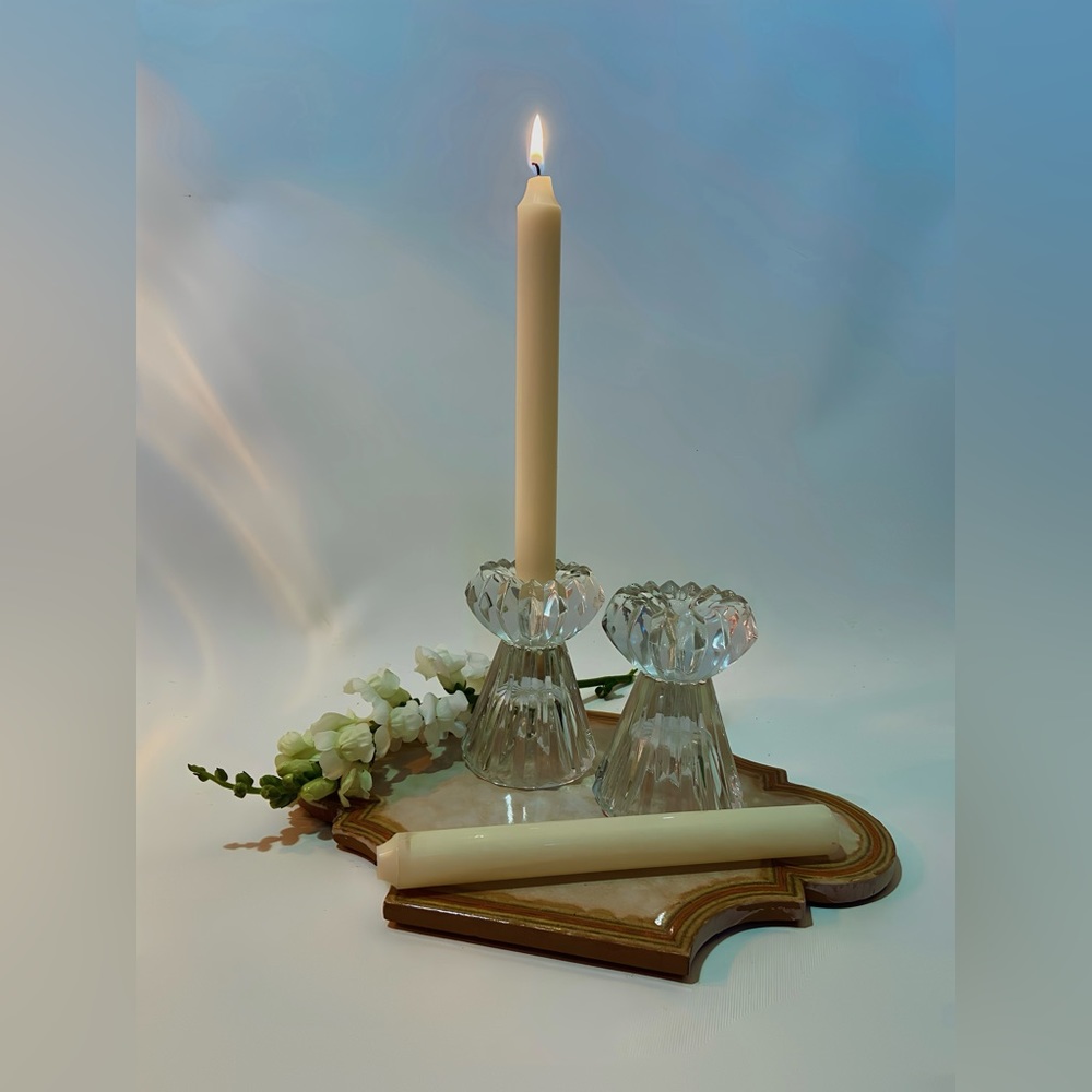 Stunning 1980s Art Deco Studio Nova Crystal/Mikasa Diamond Candle Holders